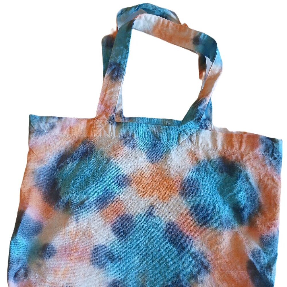 Tie Dye Cotton Reusable Grocery Tote Bag With Colorbursts in Orange Blue & Pink - Picture 2 of 16